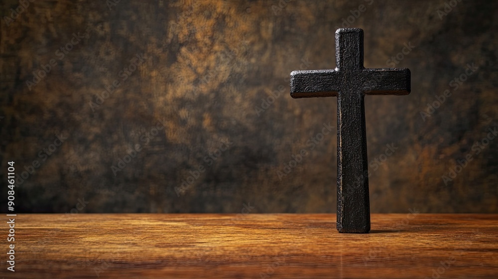Naklejka premium A crucifix cross standing upright on a wooden table, with a simple background and plenty of copy space, perfect for religious or spiritual design