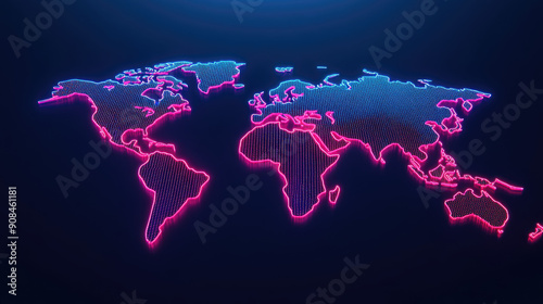 Fototapeta Naklejka Na Ścianę i Meble -  Stylized world map with neon pink and blue outlines, showcasing a modern digital design for global connectivity themes.