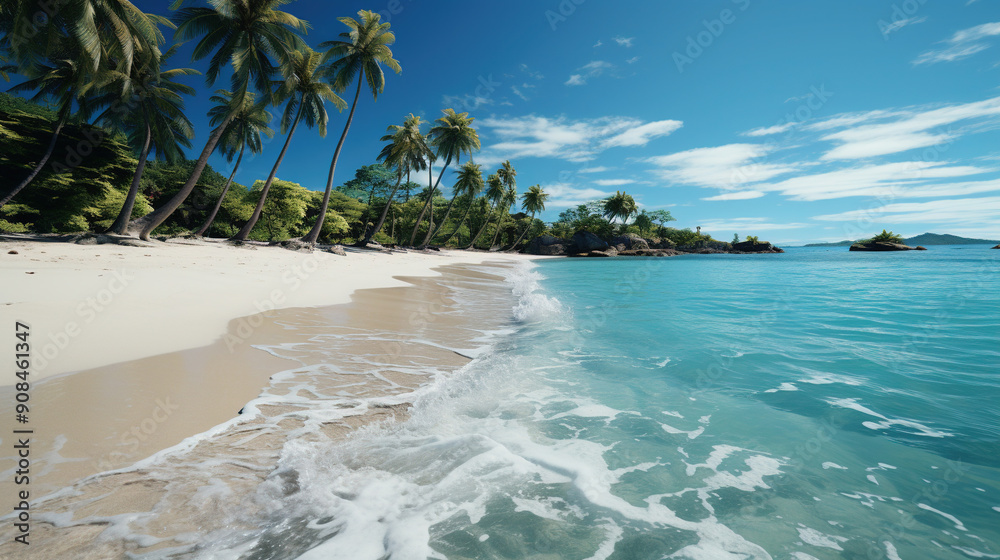 Fototapeta premium White Beach on the Island Lush Palm Trees Pristine White Sands And Mountains Landscape Background