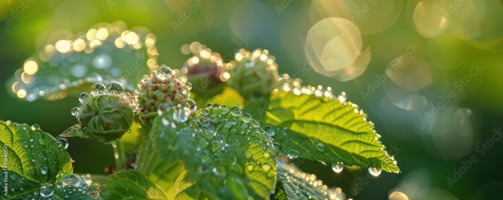 Close-up of fresh leaves with dew droplets, capturing nature's beauty and detail in soft morning light. Close-up of fresh leaves with dew droplets, capturing nature's beauty and detail in soft morning light.