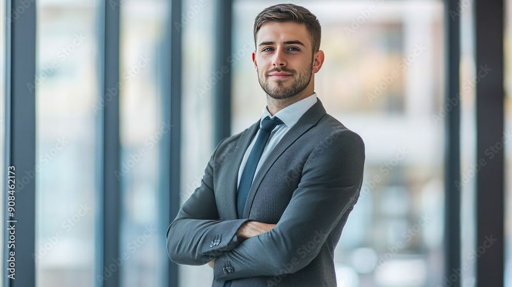 A panoramic view of a successful Caucasian business man in a suit, exuding confidence and positivity, ideal for SEO and business-related imagery A panoramic view of a successful Caucasian business man in a suit, exuding confidence and positivity, ideal for SEO and business-related imagery
