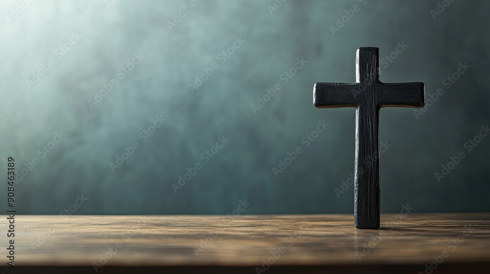 Naklejka premium Close-up of a crucifix cross standing upright on a wooden table, with a clean background and plenty of copy space for religious or spiritual messages