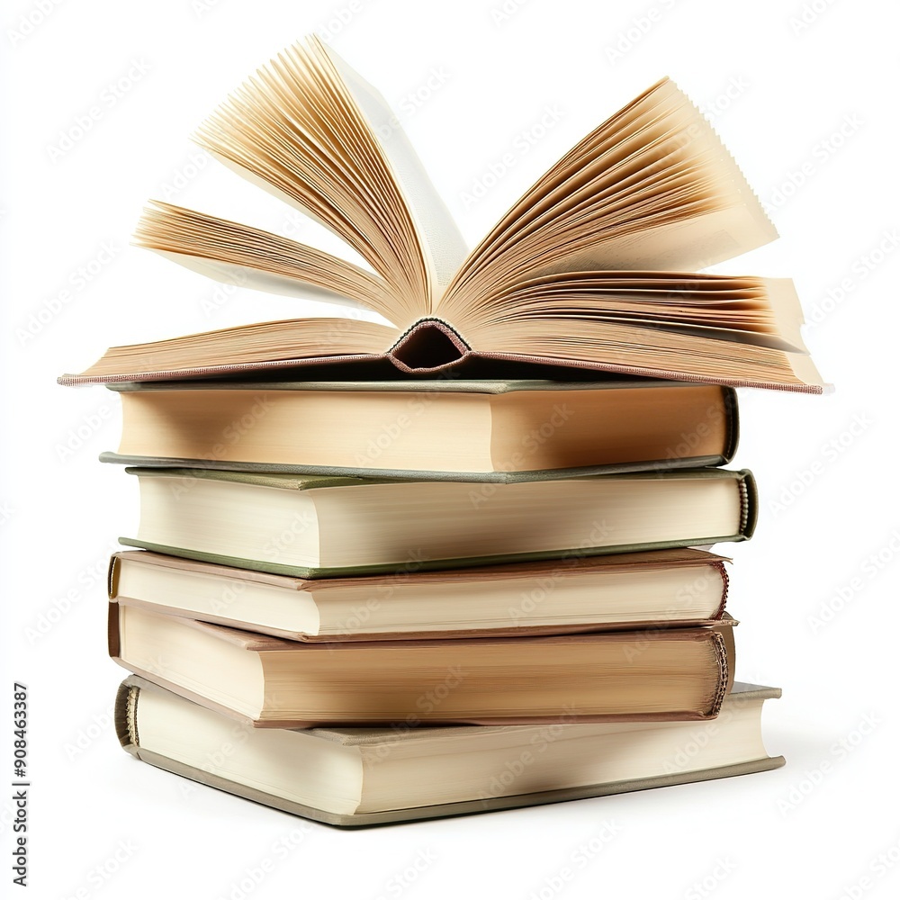 Fototapeta premium Open Book on Top of Stack with Space for Text on White Background. High-Resolution Clip Art Style for Educational and Business Concepts.