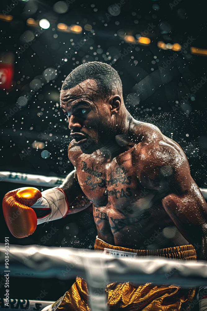 Boxer in the ring, sweat flying, highlighting intense determination Boxer in the ring, sweat flying, highlighting intense determination