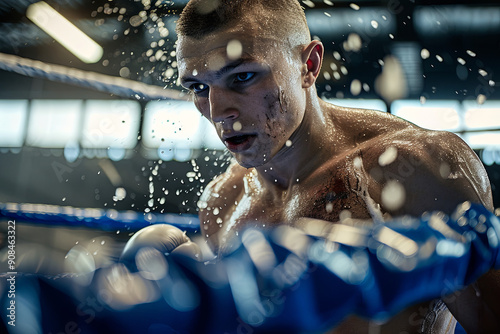 Boxer in the ring, sweat flying, highlighting intense determination photo