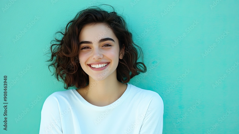 Joyful woman in white casual clothing, smiling against an aqua blue-green backdrop, showcasing a bright and engaging expression Joyful woman in white casual clothing, smiling against an aqua blue-green backdrop, showcasing a bright and engaging expression