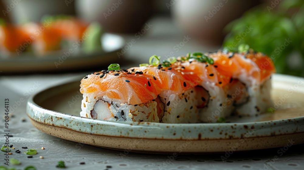A single, beautifully prepared sushi roll on a minimalist ceramic plate, highlighting the art of modern cooking. A single, beautifully prepared sushi roll on a minimalist ceramic plate, highlighting the art of modern cooking.
