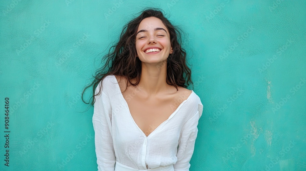 Portrait of a happy, smiling woman in white casual clothes, posing against an aqua blue-green background, radiating positivity and joy Portrait of a happy, smiling woman in white casual clothes, posing against an aqua blue-green background, radiating positivity and joy