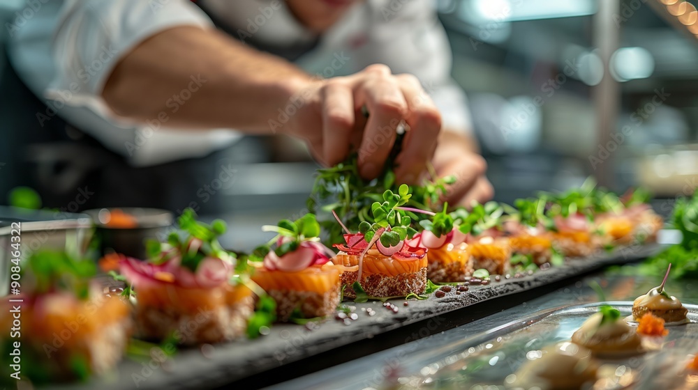 The chef's hands delicately place the microgreens on the appetizer, emphasizing precision and simplicity.