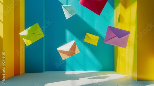 A Cascade of Colorful Correspondence: Envelopes dance through a vibrant, sunlit space, hinting at exciting news and possibilities.