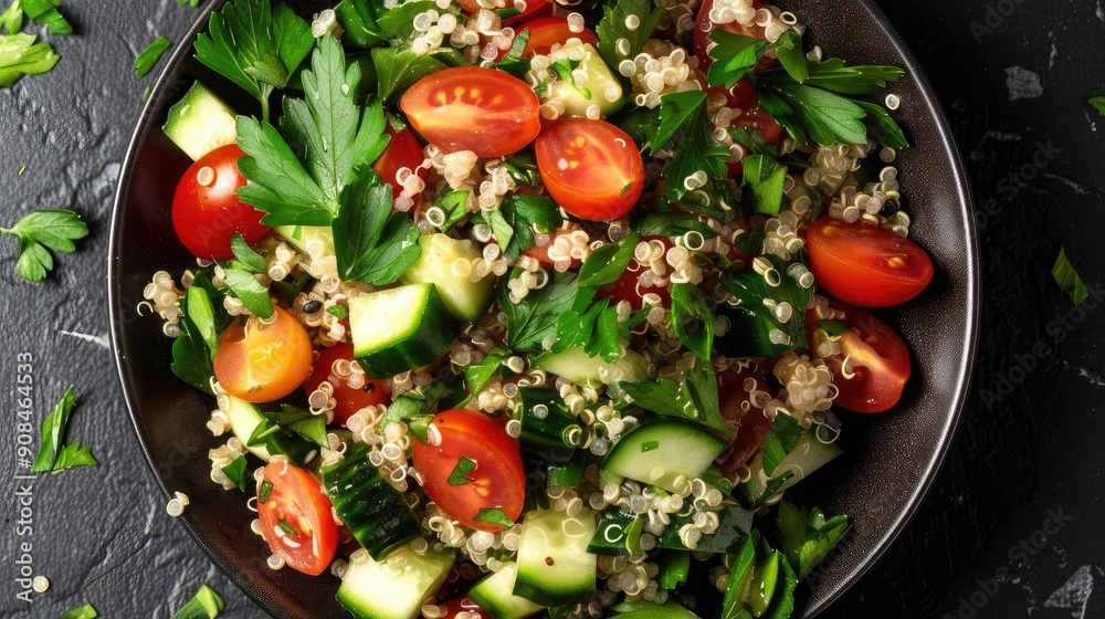 A vibrant quinoa salad featuring fresh vegetables and herbs for a healthy and delicious meal option. A vibrant quinoa salad featuring fresh vegetables and herbs for a healthy and delicious meal option.