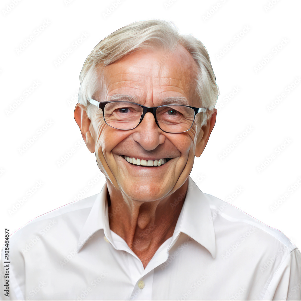 Fototapeta premium Smiling senior man wearing white shirt and eye glasses portrait on transparent