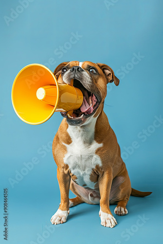 Funny dog yelling through a yellow megaphone on a blue background, creative idea photo