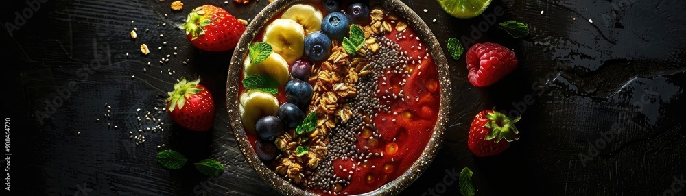 Vibrant smoothie bowl topped with fresh fruit and granola, perfect for a healthy breakfast or snack on a dark background. Vibrant smoothie bowl topped with fresh fruit and granola, perfect for a healthy breakfast or snack on a dark background.