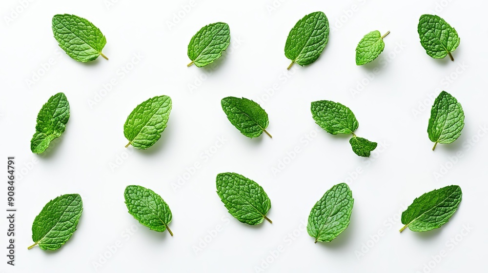 Top view of an assortment of green mint leaves, isolated on a white background, showcasing their freshness and intricate leaf patterns Top view of an assortment of green mint leaves, isolated on a white background, showcasing their freshness and intricate leaf patterns