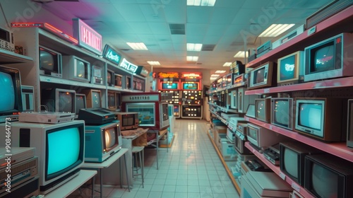 A 80's electronics store with vintage TVs, cassette players, and video game consoles displayed on shelves. photo