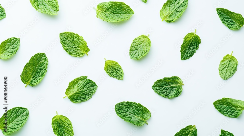 Top view of green mint leaves isolated on a white background, highlighting their crisp texture and vibrant color