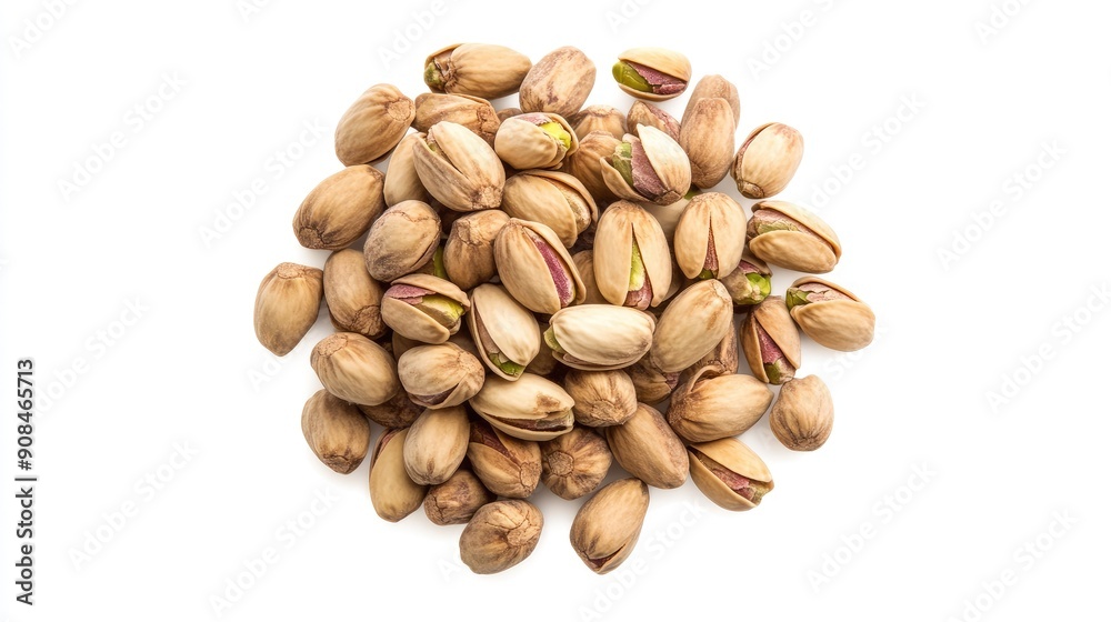 Top-down shot of a heap of pistachios, isolated on a white background, emphasizing their natural and wholesome appearance Top-down shot of a heap of pistachios, isolated on a white background, emphasizing their natural and wholesome appearance