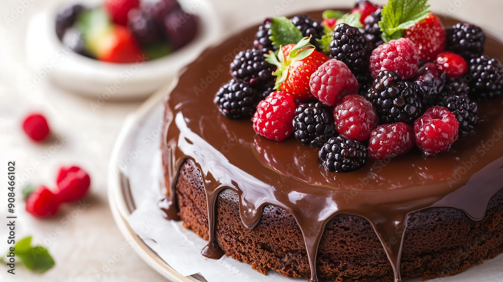 chocolate torte with glossy ganache topping adorned with fresh berries and mint leaves beautifully presented on a white plate chocolate torte with glossy ganache topping adorned with fresh berries and mint leaves beautifully presented on a white plate