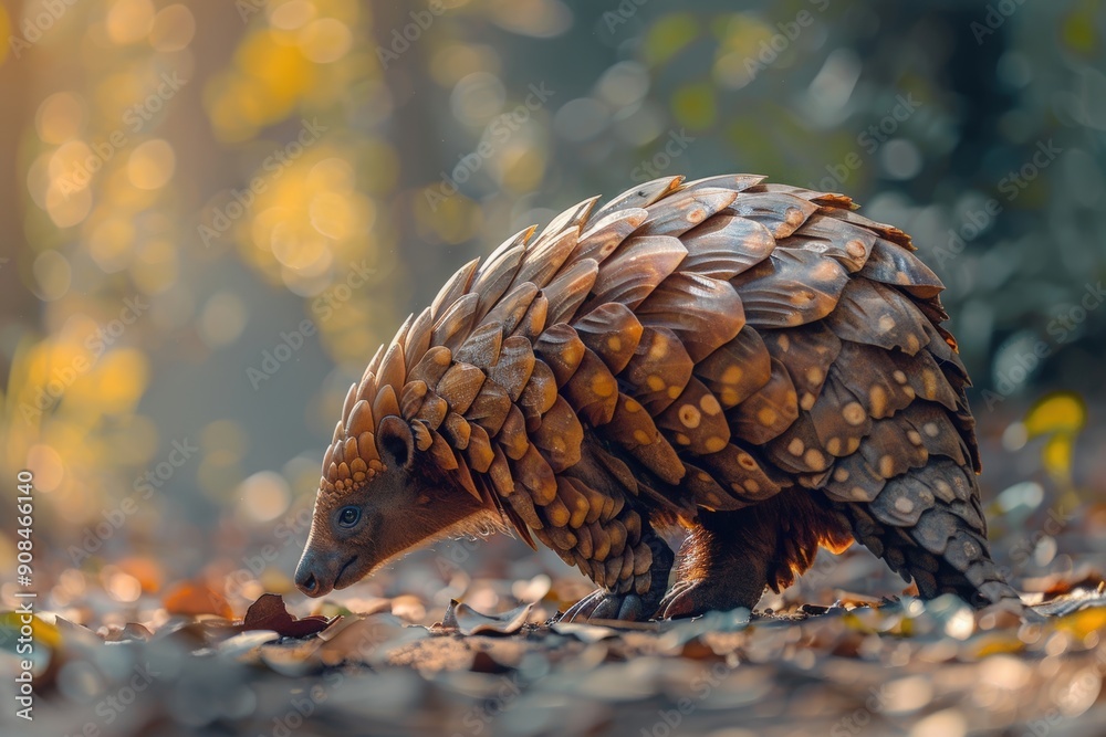 Obraz premium A close-up of a pangolin in its natural habitat, walking on a forest floor with sunlit foliage in the background.