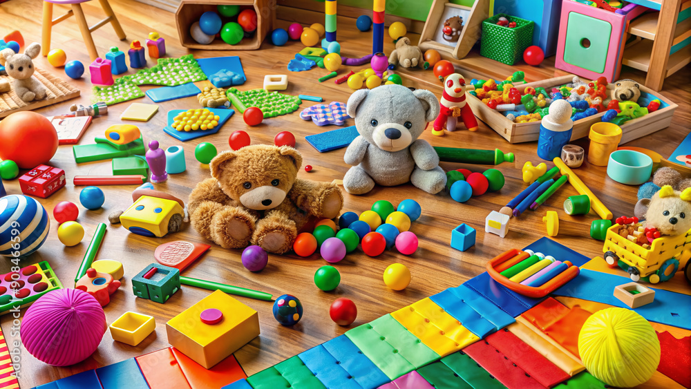 Naklejka premium Colorful assortment of toys scattered on floor, including wooden blocks, stuffed animals, balls, and puzzles, surrounded by scattered crayons and paper.