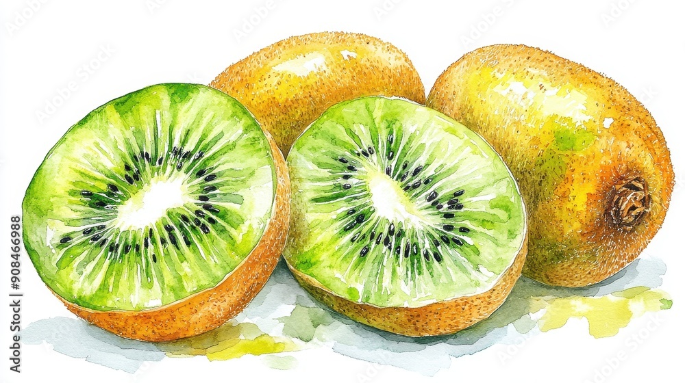 Fototapeta premium A tropical kiwi clipart, fruit element, digital painting, exotic style, isolated on white background