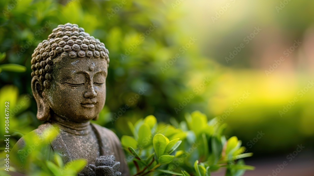 Serene Golden Buddha Statue Embraced by Lush Garden: Symbol of Enlightenment and Tranquility Serene Golden Buddha Statue Embraced by Lush Garden: Symbol of Enlightenment and Tranquility