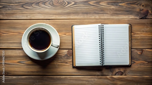 Coffee and Notebook on Rustic Wooden Table.