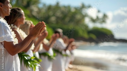 Sacred Native Hawaiian Ocean Deity Ceremony on Beach Shoreline