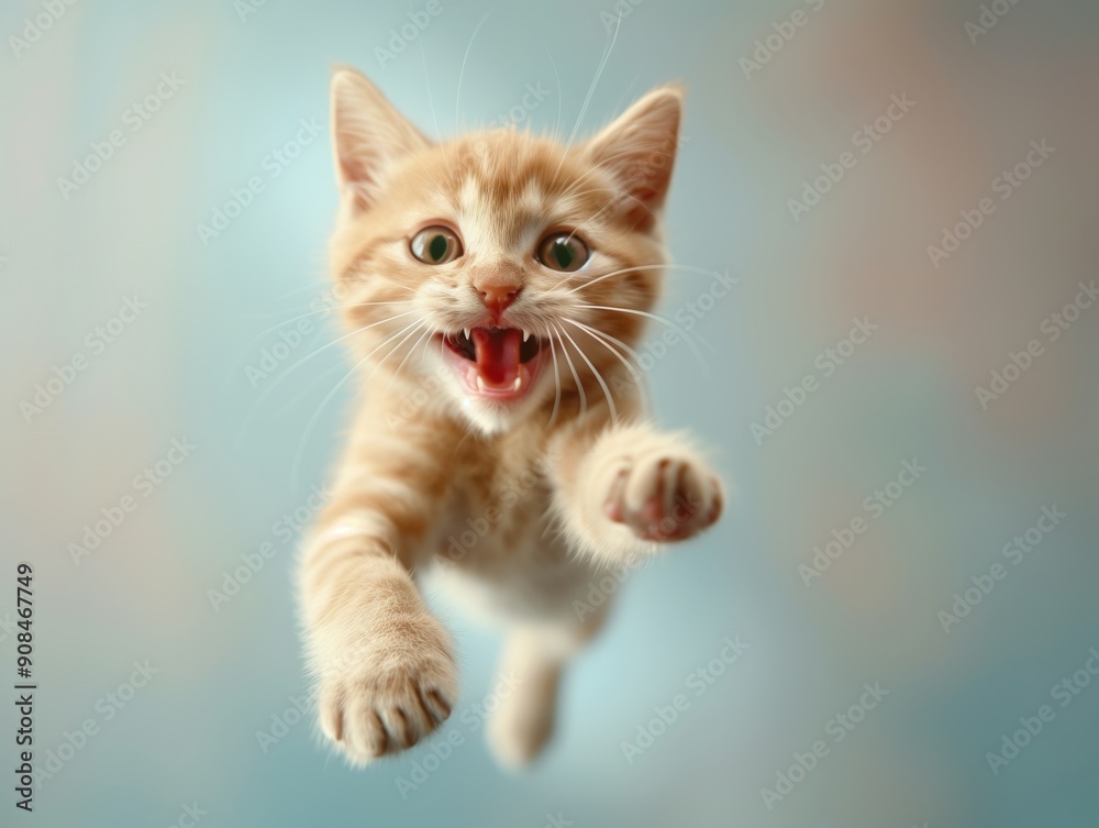 Cute kitten playfully pouncing forward, showing an excited expression with claws outstretched against a soft blurred background. Cute kitten playfully pouncing forward, showing an excited expression with claws outstretched against a soft blurred background.