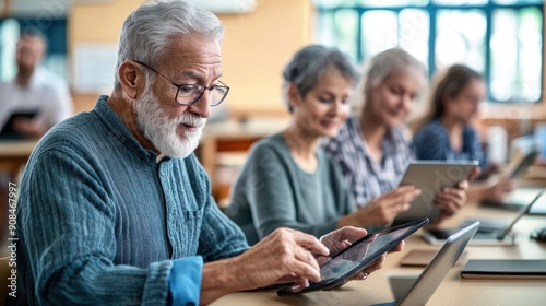 A group of seniors attentively participating in a technology class, each with a tablet in hand, while an instructor guides them through various applications and digital skills, in a bright and modern