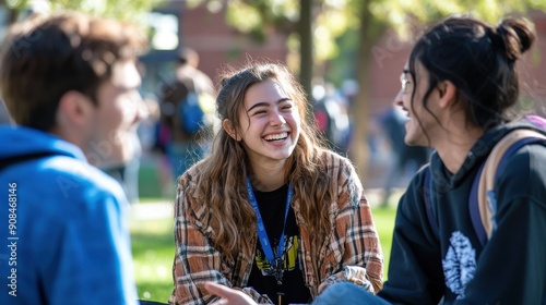 Wallpaper Mural First-year college students participating in ice-breaker games and activities on the campus lawn, laughing and interacting with each other, with university buildings and trees in the background, Torontodigital.ca