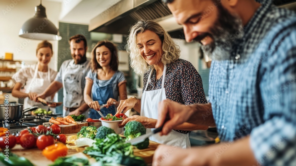 A group of middle-aged friends enjoying a cooking class, chopping vegetables and following recipes, with an enthusiastic chef providing instructions and tips, in a spacious kitchen setting that A group of middle-aged friends enjoying a cooking class, chopping vegetables and following recipes, with an enthusiastic chef providing instructions and tips, in a spacious kitchen setting that