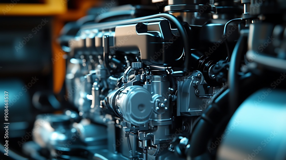 Close-up of a powerful engine, showcasing intricate metalwork and mechanical details. Close-up of a powerful engine, showcasing intricate metalwork and mechanical details.