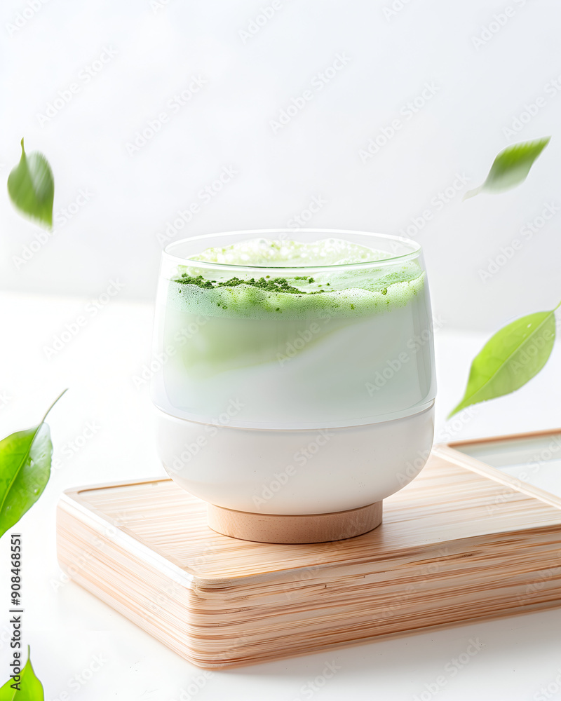 Refreshing Matcha Latte in a Glass with Floating Leaves on Wooden Coaster Refreshing Matcha Latte in a Glass with Floating Leaves on Wooden Coaster