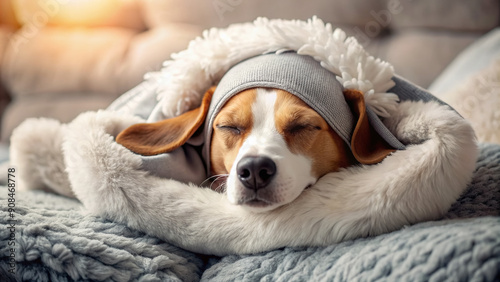Adorable dog wearing a soft sleep mask, snuggled up in a cozy blanket, peacefully snoozing on a plush cushion, surrounded by calm atmosphere.