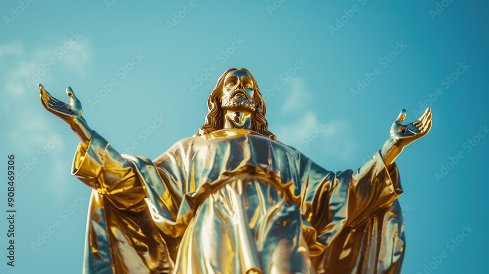 Obraz premium A photograph of Jesus Christ, golden statue, arms raised as if in blessing, captured from a distance showing the full statue and its surroundings, set against a pure blue sky