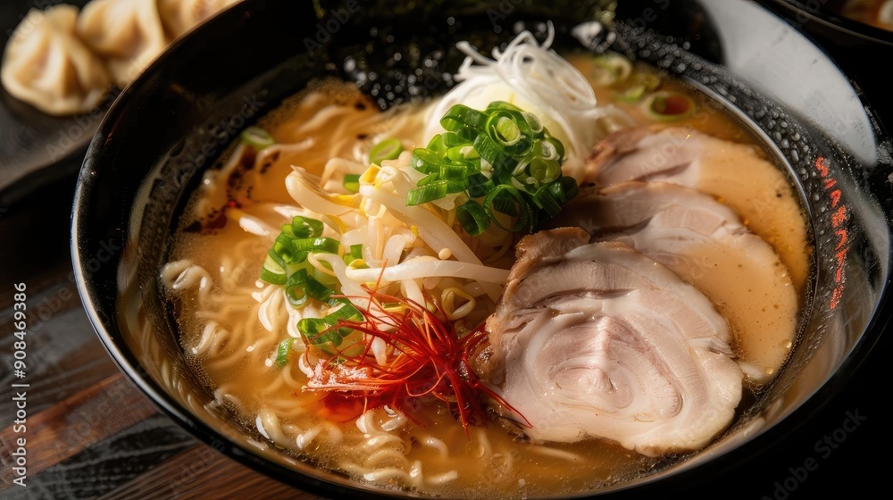 Delicious bowl of ramen featuring tender slices of pork, green onions, and vibrant chili threads in a rich broth. Delicious bowl of ramen featuring tender slices of pork, green onions, and vibrant chili threads in a rich broth.