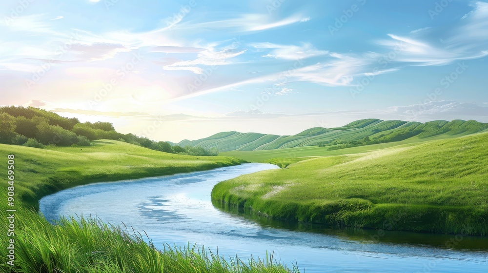 A serene landscape background with rolling hills, a winding river, and a clear blue sky, capturing the peaceful beauty of the countryside, ideal for nature-themed projects, travel promotions, and A serene landscape background with rolling hills, a winding river, and a clear blue sky, capturing the peaceful beauty of the countryside, ideal for nature-themed projects, travel promotions, and