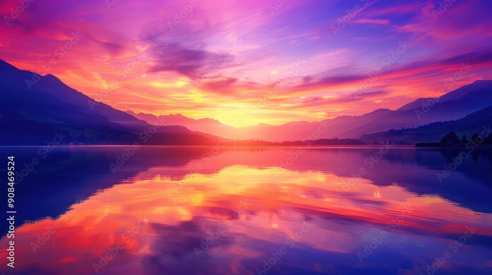 A breathtaking sunset background with vibrant hues of orange, pink, and purple, silhouetting distant mountains and reflecting off a calm lake, capturing the serene beauty of a sunset, perfect for A breathtaking sunset background with vibrant hues of orange, pink, and purple, silhouetting distant mountains and reflecting off a calm lake, capturing the serene beauty of a sunset, perfect for
