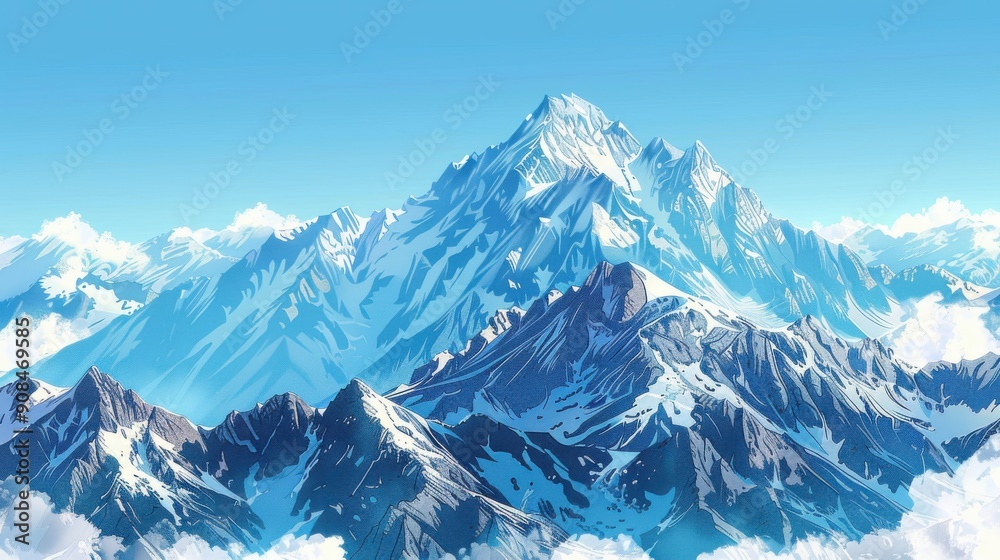 Fototapeta premium A majestic mountains background with rugged peaks, snow-capped summits, and a clear blue sky, capturing the grandeur and awe-inspiring beauty of mountainous landscapes, ideal for adventure, travel,