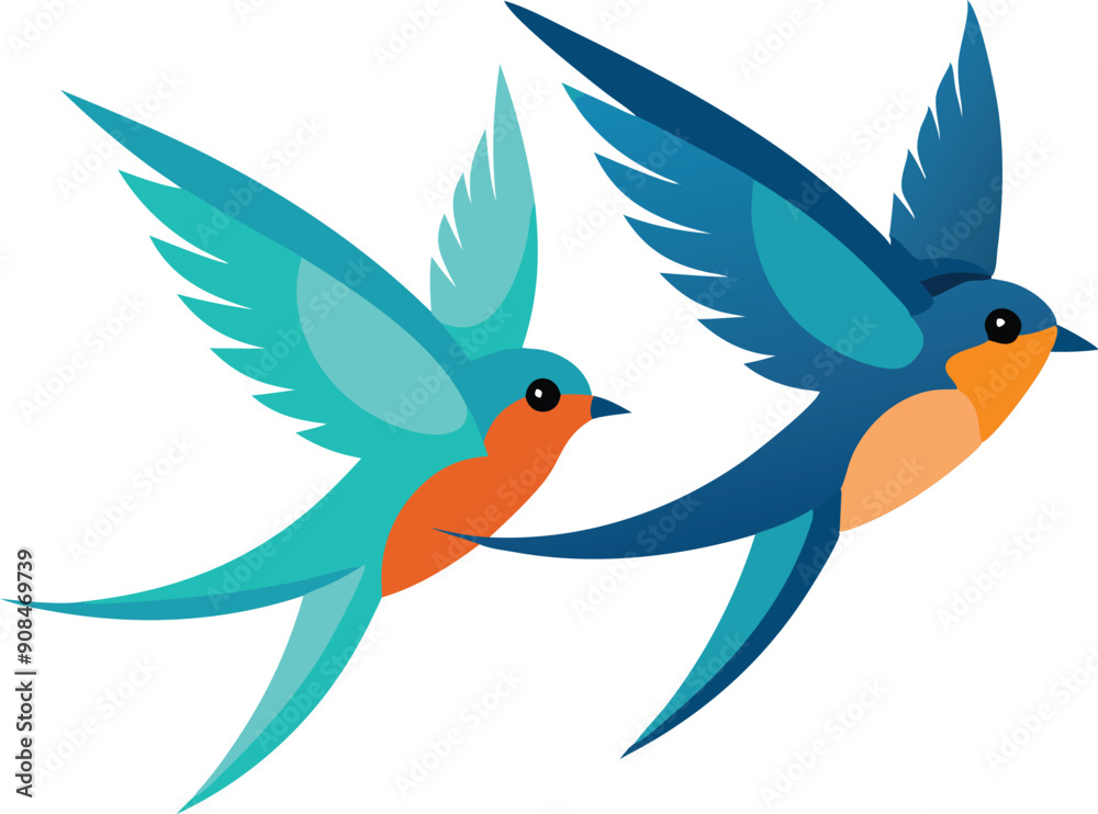 Obraz premium Two vibrant birds soar gracefully through the air, showcasing their colorful feathers and joyful movement.