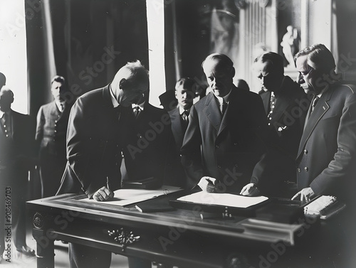 Historical moment captured as leaders gather to sign Treaty of Versailles in artistic style. photo