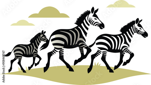 Zebras trot joyfully through a lush meadow beneath fluffy clouds, enjoying a sunny day together.