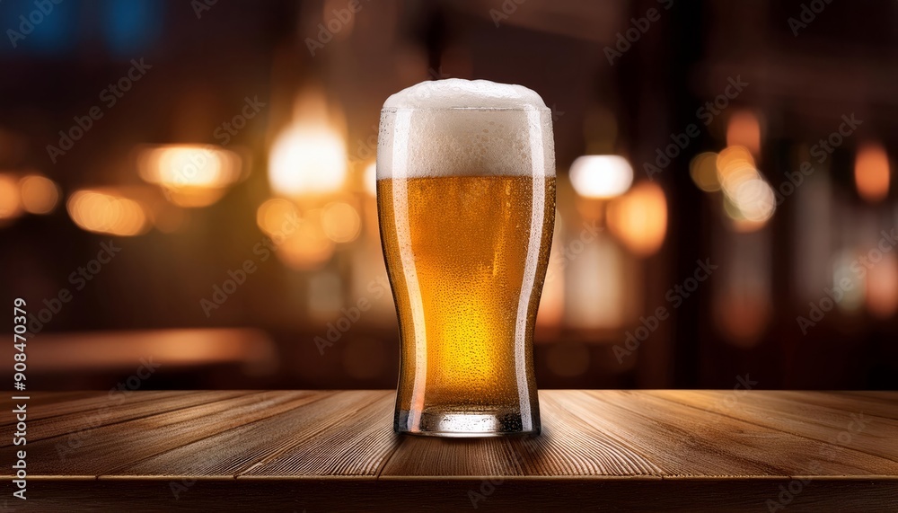 Glass of beer on a table with lights behind Glass of beer on a table with lights behind