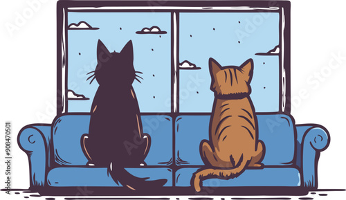 Two cats sit together on a couch, looking out at a bright sky filled with clouds.