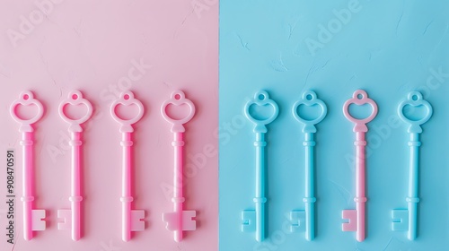 A set of baby keys are spreadout isolated on colorful background photo