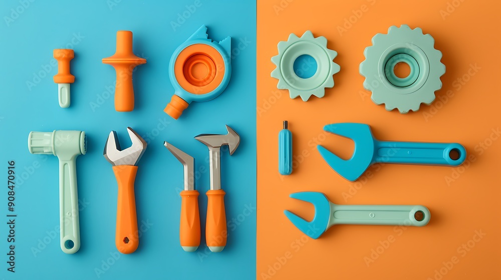 Obraz premium A set of toy tools on a light orange and blue background