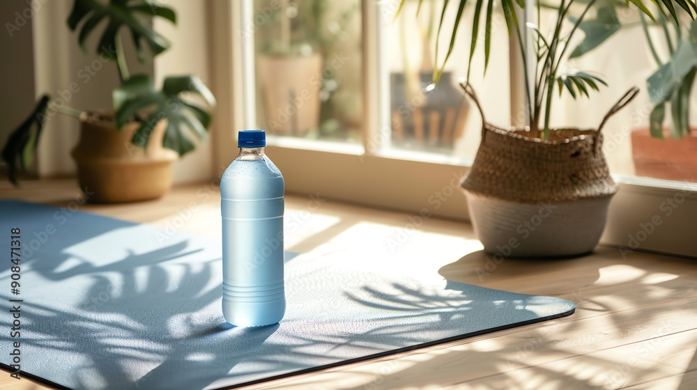 Fototapeta premium A water bottle on a yoga mat in a sunlit room.