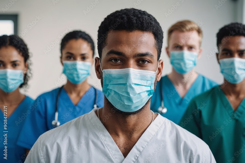 Confident multiethnic male nurse in front of his medical team looking at camera wearing face mask. Confident multiethnic male nurse in front of his medical team looking at camera wearing face mask.